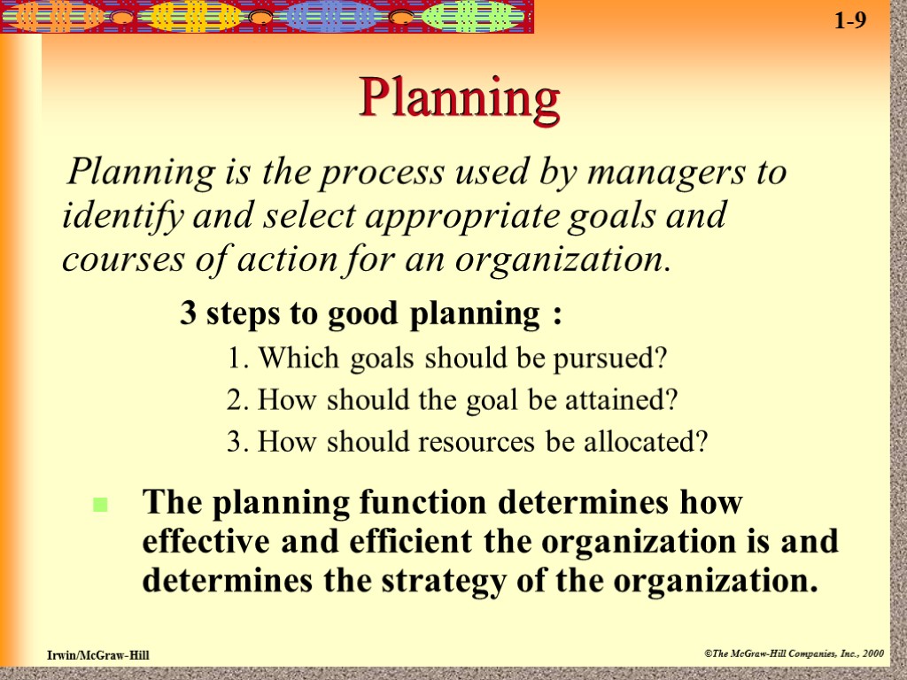 Planning Planning is the process used by managers to identify and select appropriate goals